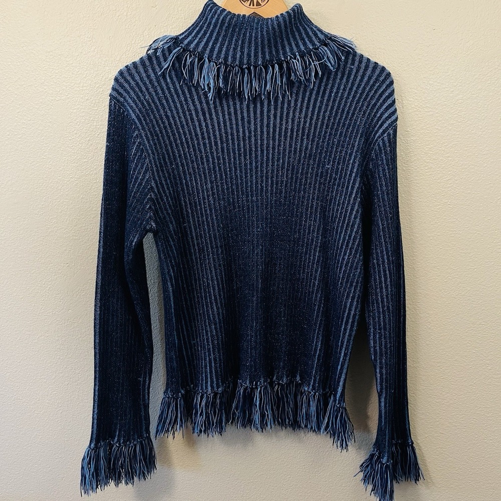 Jazzie Tassel Knit Turtleneck Sweater Ribbed  Striped Boho Western Blue‎ Size XL